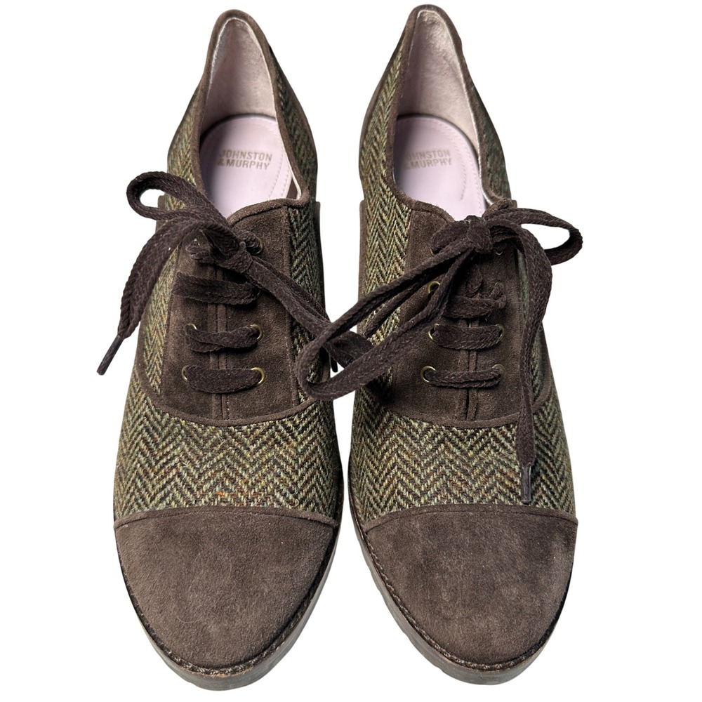 Women Oxford Heels 9.5M Preppy Academia Pinup Brown Green Herringbone Suede Lace